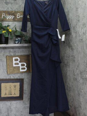 Xscape Blue 3 4 Sleeve V Neck Side Ruched Pleated Ruffled Gown Dress